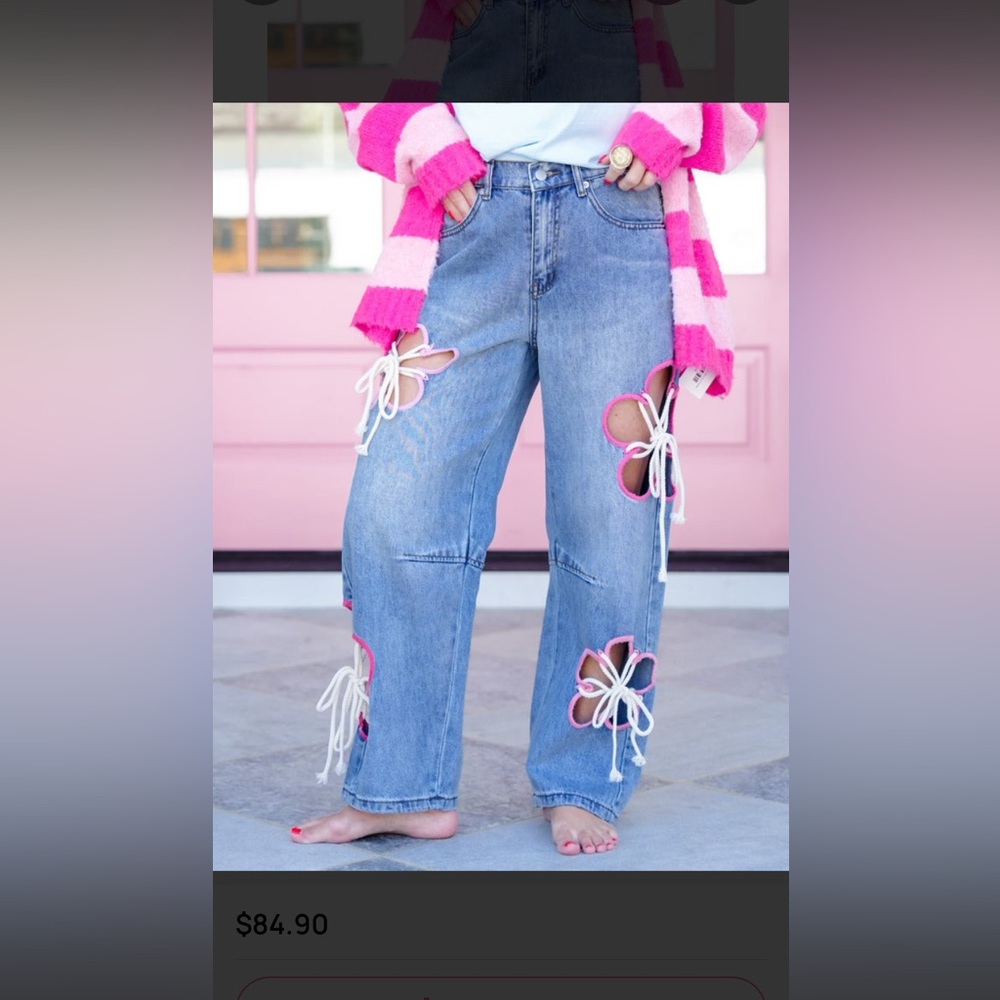 Oli & Hali jeans OH! Denim Jeans Pink-Trim Flower Cutouts womens size large boho